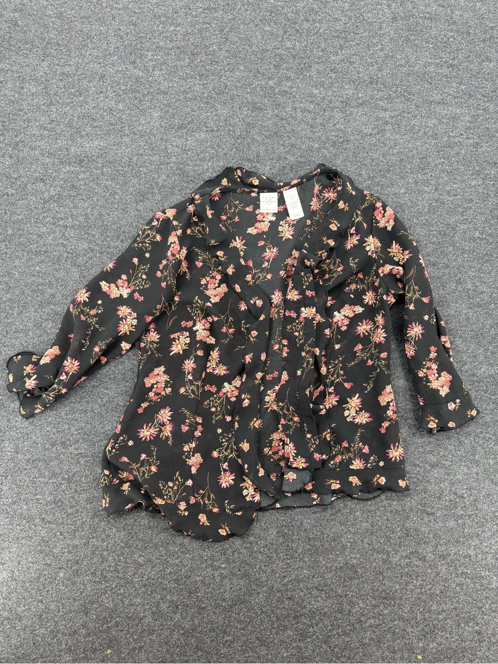 Liz Claiborne Quarter sleeve Black Floral Blouse with Pink and Cream Accents